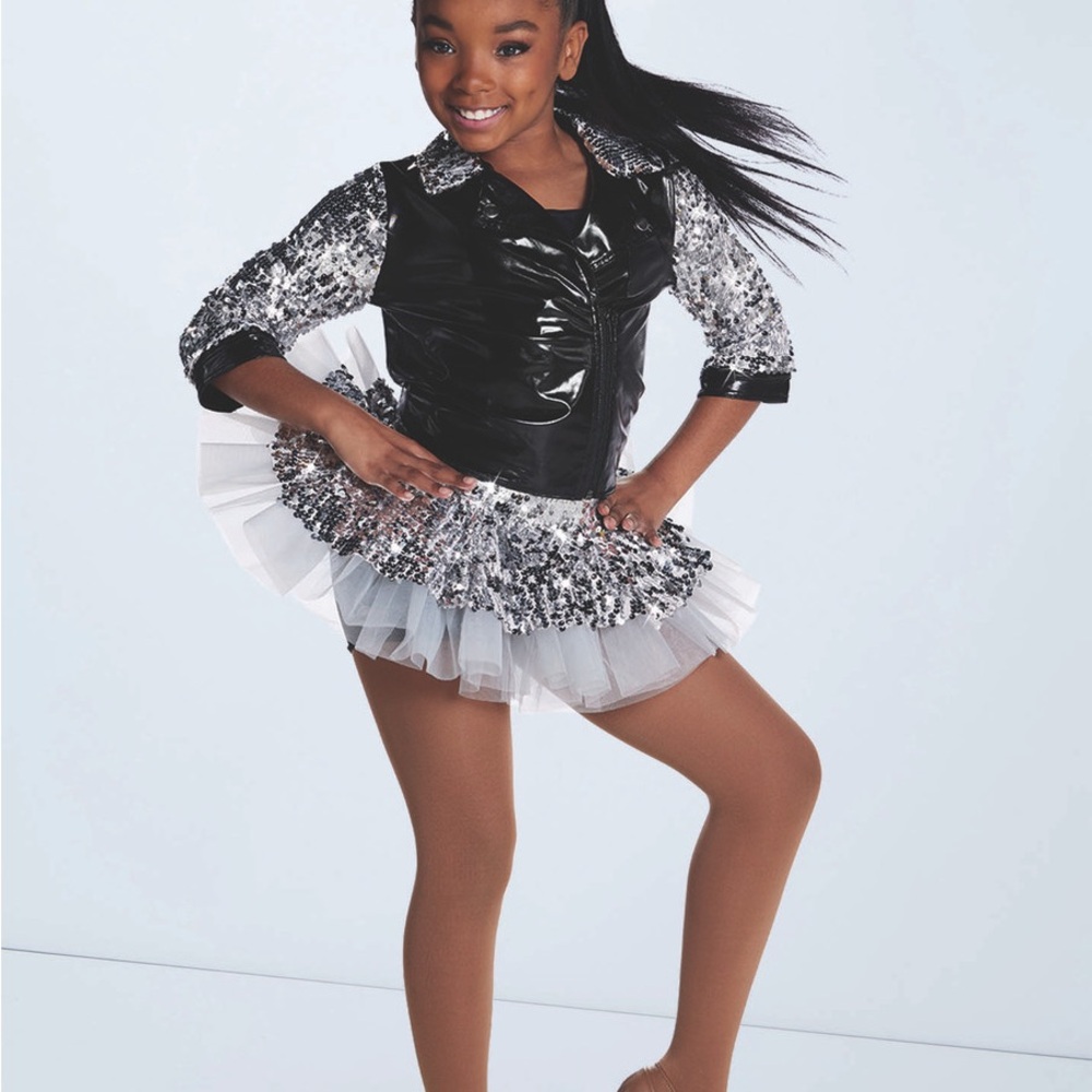 WEISSMAN Countdown Metallic Black Lace Biketard Dance Costume 2 piece sz Youth M